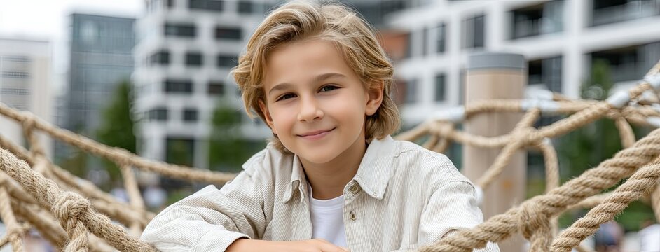 Smiling young boy joyfully climbing up a black rope net on a playground under a clear blue sky during summer - Powered by Adobe