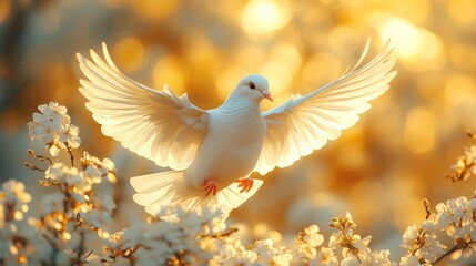 White dove in flight amidst spring blossoms