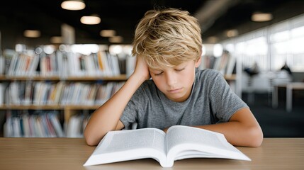 Young boy with wavy hair deeply engaged in reading a book at a school library table, surrounded by bookshelves and soft light in the background