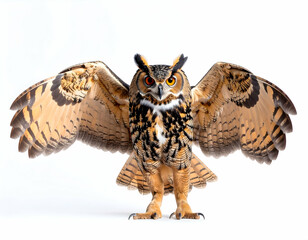 Majestic Owl in Flight: An exquisite owl, exhibiting intricate patterns and feathers in a moment of powerful expression and freedom, showcasing its wide wingspan and penetrating gaze.