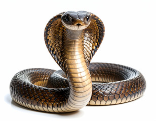 Fototapeta premium Majestic Cobra in Close-Up: A detailed, photorealistic image showcases a cobra in a dynamic pose, its hood fully expanded. The snake's scales and eyes capture attention.