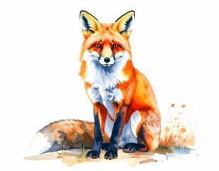 Obraz premium Red Fox Watercolor Painting: A vibrant watercolor painting of a red fox sitting majestically. Its rich orange fur, bushy tail, and piercing gaze create a captivating image.