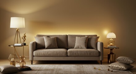 Champagne-Toned Living Room with Velvet Couch and Gold Accents