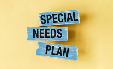 Yellow background and holding wooden block with SPECIAL NEEDS PLAN message