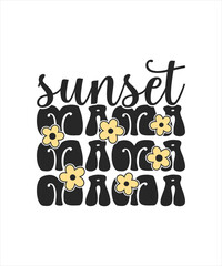 Sunset mama, cute summer vector flower and letter pattern with seamless drawing illustration design. 