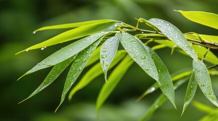 Fototapeta premium Close-up of vibrant bamboo leaves with water droplets