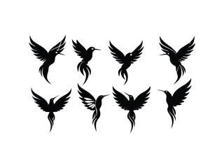 Eight stylized hummingbird silhouettes in flight
