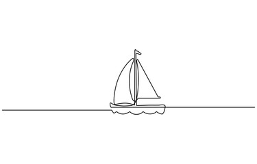 Vector continuous one simple single abstract line drawing of Sailboat travel, Simple illustration of a sailboat in the sea drawn with a continuous black line on a white background, minimalist design.