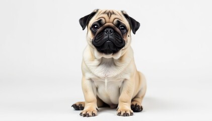 Obraz premium Adorable pug dog sits, isolated on white background, one, closeup