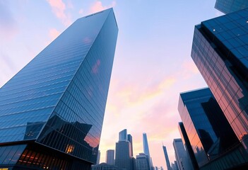 Fototapeta premium Towering glass skyscraper, geometric lines, modern architecture, city backdrop, view, business