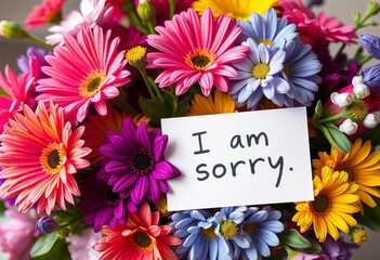 Vibrant bouquet of multicolored flowers, white card reading "I am sorry",  green,  floral