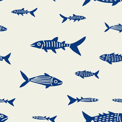 Coral fish seamless pattern with hand drawn fish types. Sea life background, ocean texture, underwater nature design.