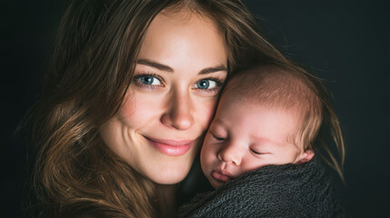 Elegant mother holds newborn baby with warm smiles against a dark background conveying tender parental love