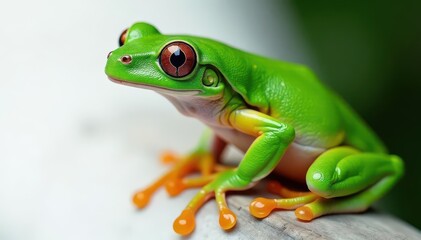 Obraz premium Green tree frog perched on white, vibrant skin, clean, wildlife