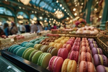Elegant pastel macarons in glass case of dreamy Paris patisserie with reflections
