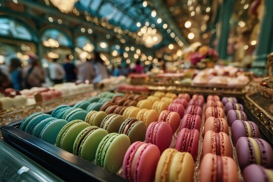 Elegant pastel macarons in glass case of dreamy Paris patisserie with reflections