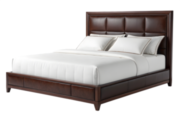 Luxury Brown Leather Bed with White Bedding on transparent background