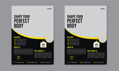 Gym flyer design template. Corporate Business fitness gym flyer design template Vector layout design template for sport event.  Vector design with place for photo. Gym Fitness Flyer Template Design.