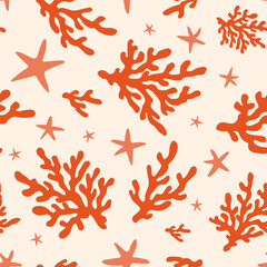 Coral seamless pattern background in vintage style in blue colors. Matisse-inspired modern abstract organic algae background. Vector design for textile, wrapping paper, greeting cards.