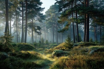 Misty Pine Forest Morning with Dewy Moss and Sunlight Filtering Through