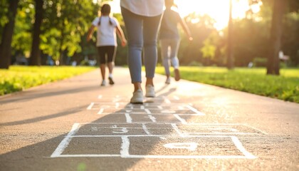 Family hopscotch park sunset fun.