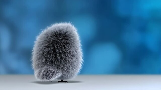 Adorable baby owl perched on a wooden table surrounded by soft furry objects in a cozy room