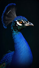 Vibrant Peacock with Colorful Plumage on Dark Background, Detailed Wildlife Photography