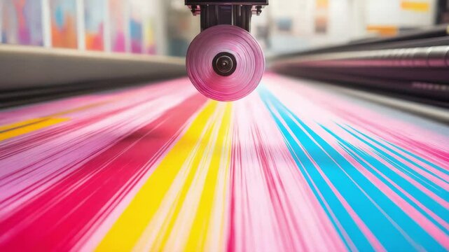A close-up view of an industrial printer head applying vivid colors to a large sheet or fabric in a modern printing process.
