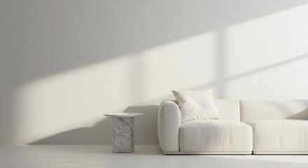 Elegant White Living Room with Matching Sofa and Marble Table