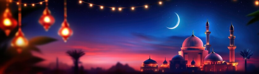 Obraz premium A mosque at sunset with glowing lanterns, a crescent moon, and festive lights in a serene evening sky.