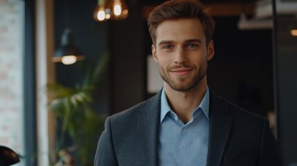 Fototapeta premium Portrait of a Confident and Successful Young Businessman in a Modern Office Setting
