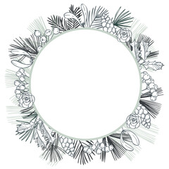 Hand-drawn Christmas plants and berries.
Sketch illustration. Vector frame. 