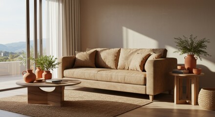 Taupe Lounge with Suede Sofa and Earth-Toned Accents