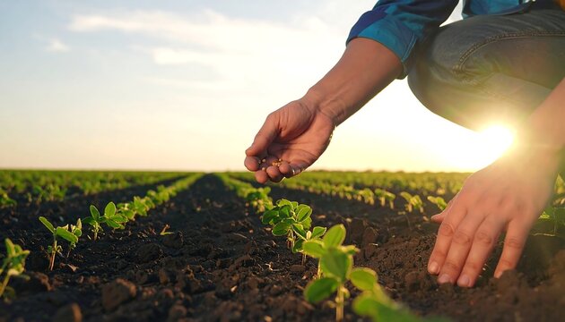 Farmer planting soybean seeds at sunset.