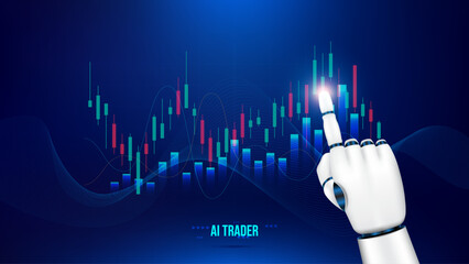 AI trading technology concept with robot hand pointing at candlestick chart on blue background. Advanced technology in stock market trading,financial technology and digital currencies.