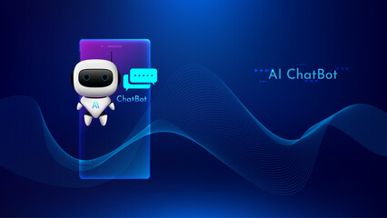 AI Chatbot. Futuristic robot character and Message bubble on smartphone screen displaying real-time data waves. Advanced technology, customer service. Vector Blue gradient background.