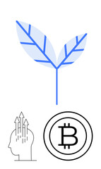 Two minimalist blue leaves, a human head with upward arrows symbolizing ideas, and a Bitcoin coin suggest sustainability, digital finance, and innovative thinking. Ideal for finance, sustainability