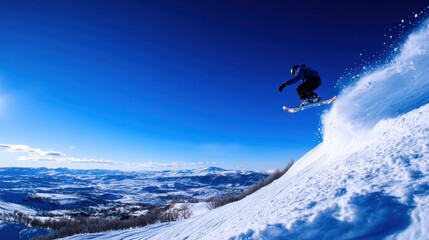 A snowboarder jumps off a snowy mountain slope under a clear blue sky with scenic winter landscapes in the background.