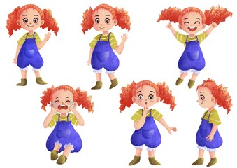 Cute girl playing with red hair and wearing overalls