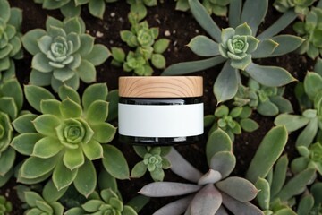 Close-up of a label mockup in a garden with succulents