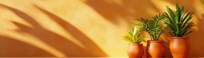 Fototapeta premium Three potted plants cast long shadows on a sunlit orange wall, creating a warm and inviting indoor scene.