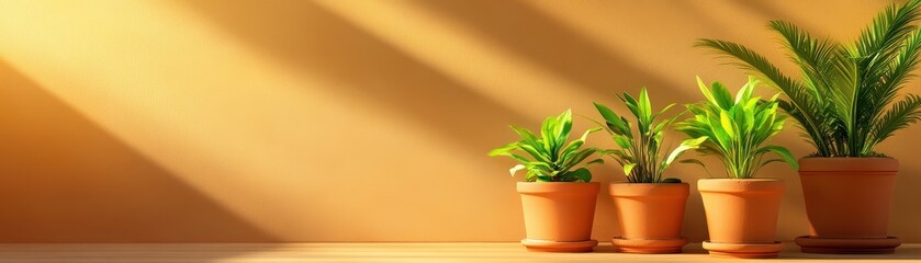 Obraz premium Four potted green plants sit in sunlight against a yellow wall, casting soft shadows on a wooden surface.