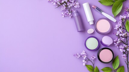 Lavender Beauty Products Flatlay with Blooming Lilac