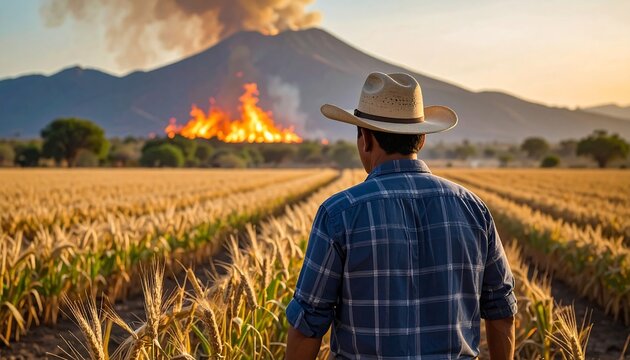 Farmer watches field fire with volcano.