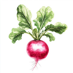 Realistic watercolor painting of a purple radish with root, stem, and leaves in botanical style.