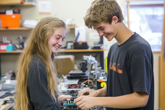 Two teenagers collaboratively work on a robotics project in a classroom