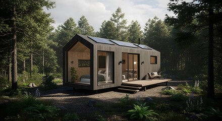 Modern Eco Friendly Tiny House in Forest Setting with Solar Panels