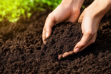 Hands holding rich, dark soil in a garden, symbolizing growth, care, and the nurturing of nature.