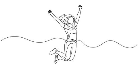 Happy jumping celebrating  illustration in continuous one line drawing. Happy person jumping high giving high five in one line draw. Editable vector, continuous line drawing of four jumping happy team