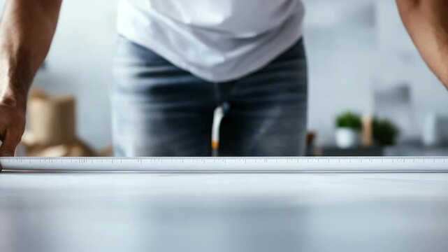 A person is measuring a flat surface using a ruler, focusing on accuracy and precision in the process.
